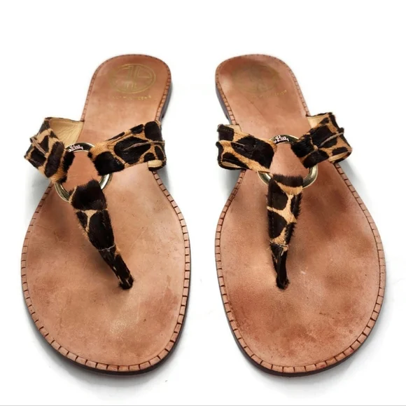 Lilly Pulitzer McKim Leopard Print Calf-Hair Leather Gold Ring Thong Sandals - Picture 6 of 12